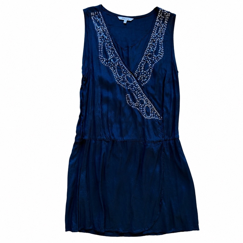 RW&CO Navy Blue Sequin Embellished V-Neck Sleeveless Viscose Mini Dress Large